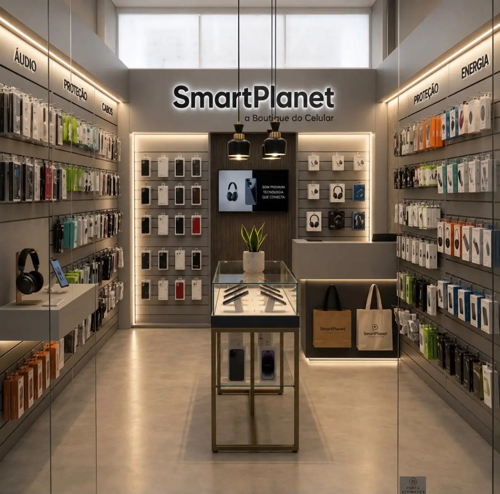 Interior da SmartPlanet, com prateleiras de capinhas, cabos, fones e carregadores